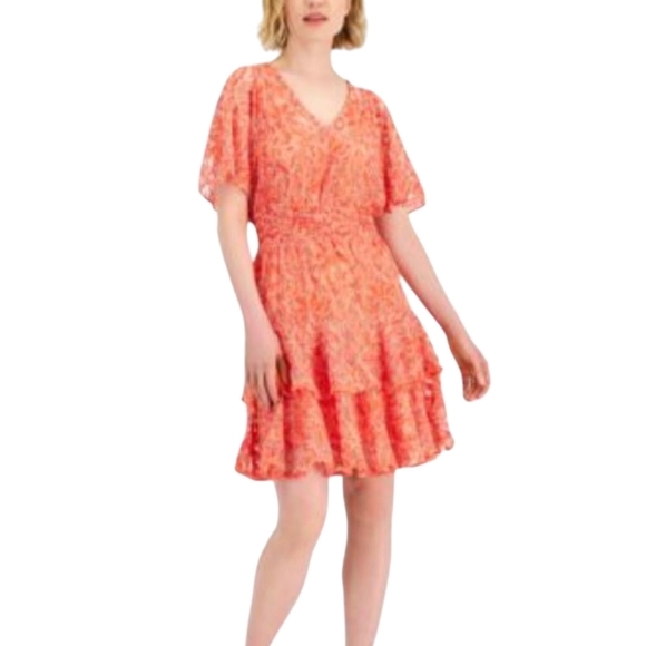 Taylor Coral Lace Tiered Ruffle V Neck Fairycore Short Sleeve Dress NWT Sz 4 - Picture 1 of 9